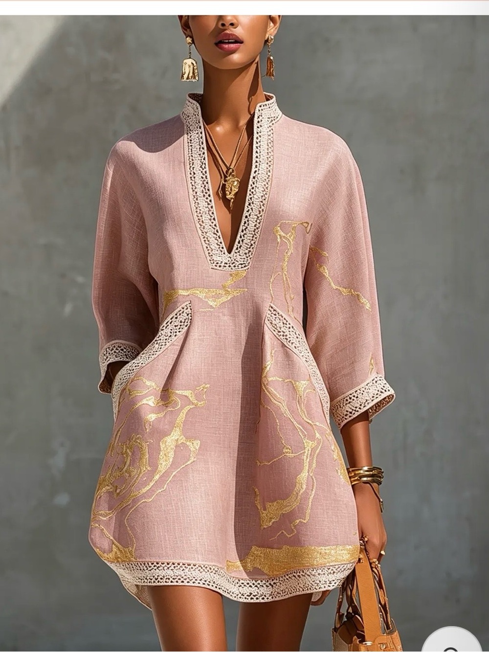 Boho V-Neck Crochet Lace Mini Dress - Pink Gold